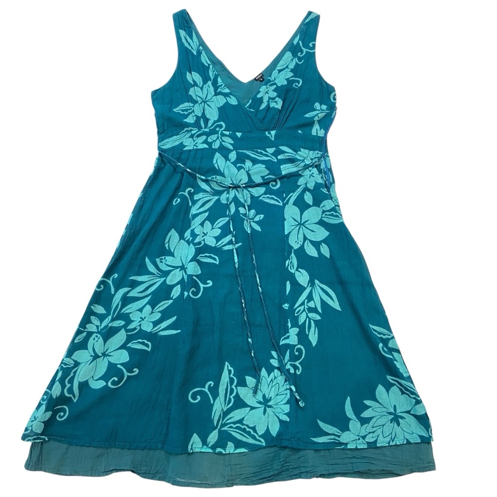 Natura sun dress 100% cotton floral pattern blue/green shades V neckline Medium